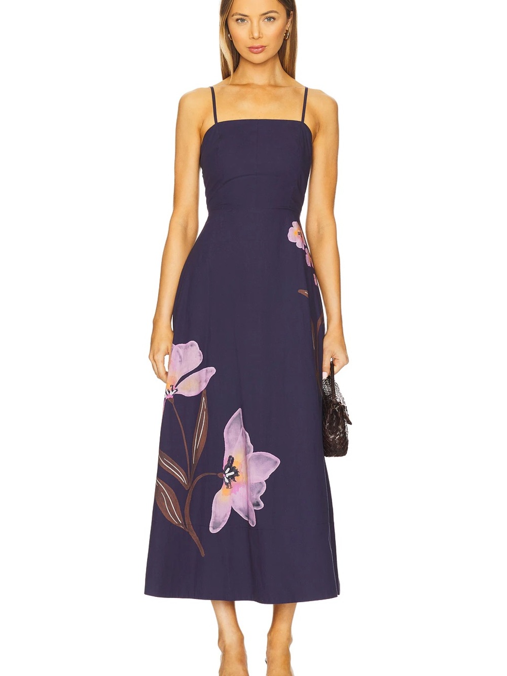 NWT Cleobella Organic Cotton Navy Midi Dress with Pink Floral Accents